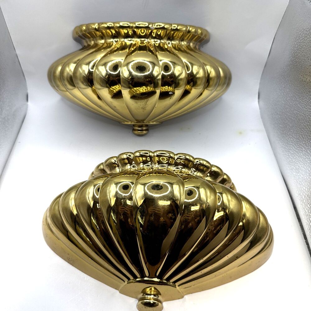 2 VTG HOMCO HOME INTERIOR SHINEY BRASS RIBBED WALL POCKET PLANTER SHELF 3342-01